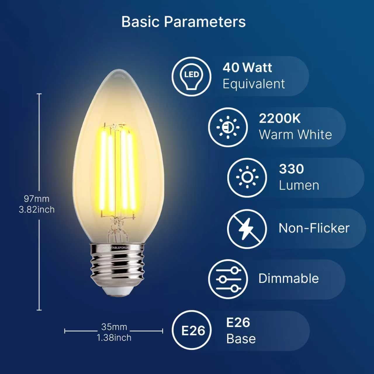 FLSNT 40W Equivalent LED Chandelier Light Bulbs, Dimmable Amber LED B11 E26 Candelabra Base Bulbs, 2200K Warm White, 330LM, 12 Pack UL,CA65 Listed.