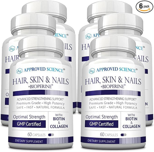 Approved Science Hair, Skin and Nails - Support Supplement - Biotin, Collagen, Vitamin B Complex, Silica, BioPerine - 360 Capsules - 6 Month Supply