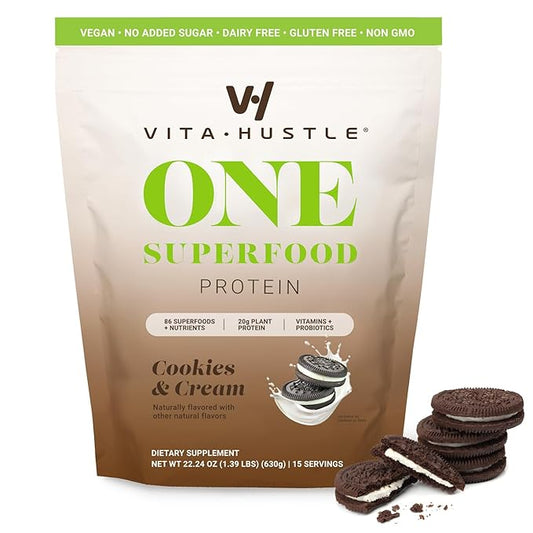 VitaHustle ONE Meal Replacement Shake - Plant Based Protein Powder by Kevin Hart - Vegan, Meal Replacement Powder with Superfoods, Vitamins, Adaptogens & Probiotics - Cookies and Cream Flavor, 15 Servings