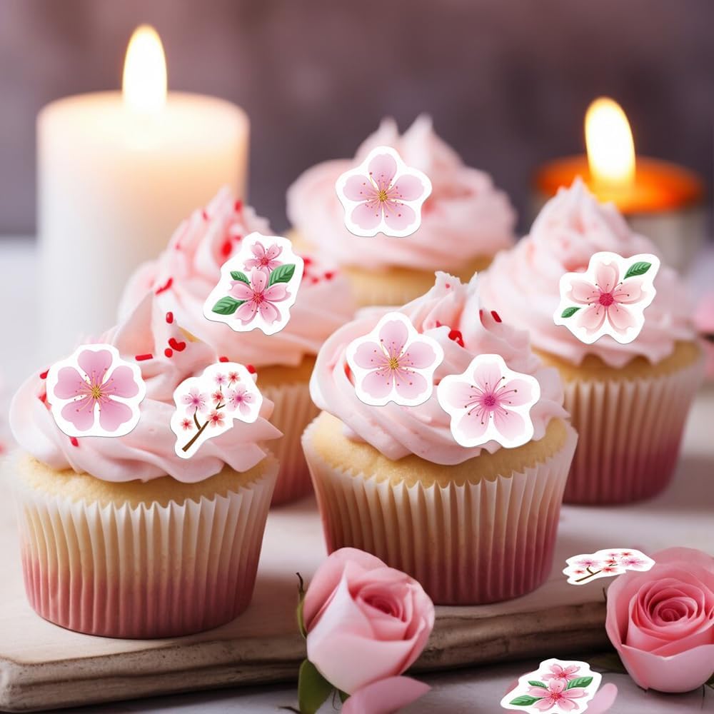 48PCS Edible Cherry Blossoms Cupcake Toppers Pink Edible Cherry Flowers Cake Decorations Wafer Paper Flowers Cupcake Topper for Flowers Theme Baby Shower Birthday Party Decor Supplies