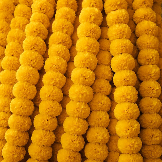 Artificial Marigold Flowers Garland for Diwali Decoration, American Wedding Party, Mantle Decoration, Faux Garlands, Wedding Garland, Spring Bush Floral - 5 String - (Yellow | 4 to 4.5 ft) Hashcart®