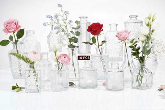 16 Pack Glass Bud Vases for Centerpieces - Bulk Small Flower Vases Set of 16, Mini Vintage Vases, 4 Styles for Party, Wedding Decorations, Baby Shower, Home Table Flower Décor (Clear)