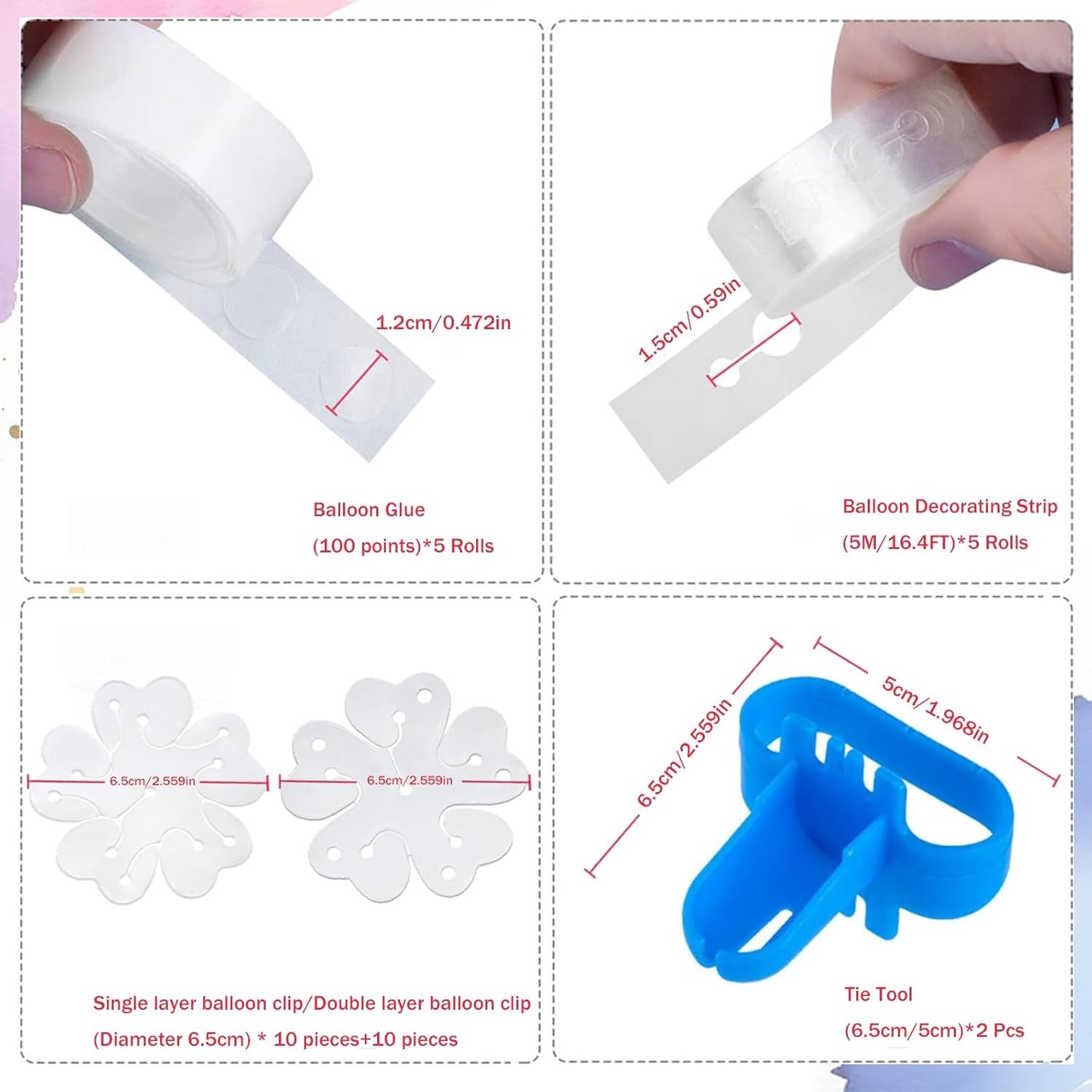 Balloon Arch Garland Kit, 82ft Balloon Garland Strips - 500Pcs Glue Point Dots Tape - 20 Balloon Flower Clips and 2 Tie Tools for Balloon Arch, Birthday Party, Wedding Decoration