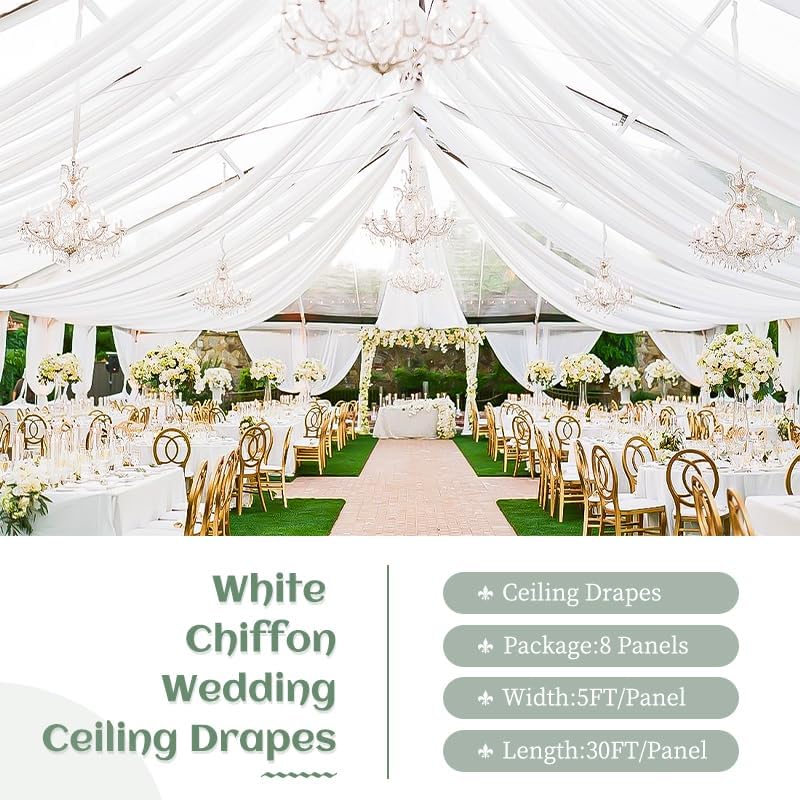 8 Panels White Wedding Ceiling Drapes 5ftx30ft Ceiling Drapes Chiffon Fabric Arch Draping Sheer Curtains Soft Drapery Draping Wedding Ceiling Decorations for Party Ceremony Stage Swag