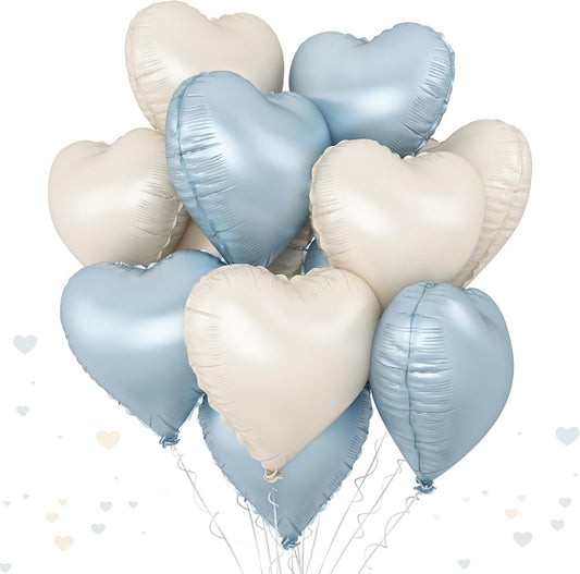 Blue White Heart Balloons, 18 Inch Baby Blue Cream Foil Heart Balloons, 10PCS Light Blue Nude Heart Shape Balloons Blue Helium Mylar Balloons for Boys Men Birthday Baby Shower Valentines Graduation