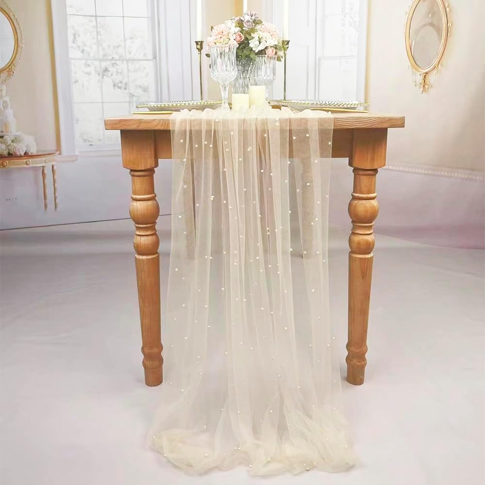 EHLDekol Pearl Table Cloth Elegant Polyester Table Runner with Artificial Pearl Accents Extra Long 10 ft 60 x 120 Inches Pearl Tulle Table Runner for Wedding (60inch Width,Champagne, 4Packs)