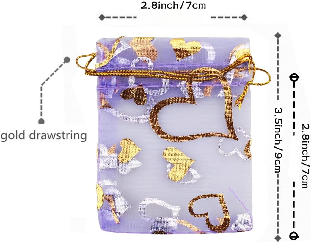 QIANHAILIZZ 100 Pack 2.8 x 3.5 Inch Flower Heart Organza Jewelry Gift Pouch Candy Pouch Drawstring Wedding Favor Bags B511S (lilac gold heart)