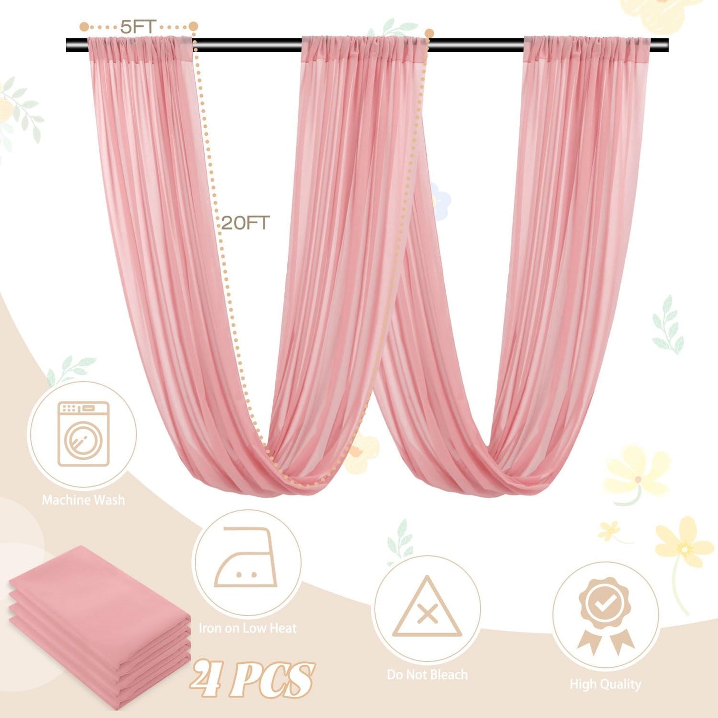 FUHSY 4 Panels Dusty Rose Ceiling Drapes for Wedding Ceiling Drapes 5x20 FT Sheer Ceiling Curtains Arch Draping Fabric Chiffon Drapery Fabric Rose Wedding Ceremony Decorations