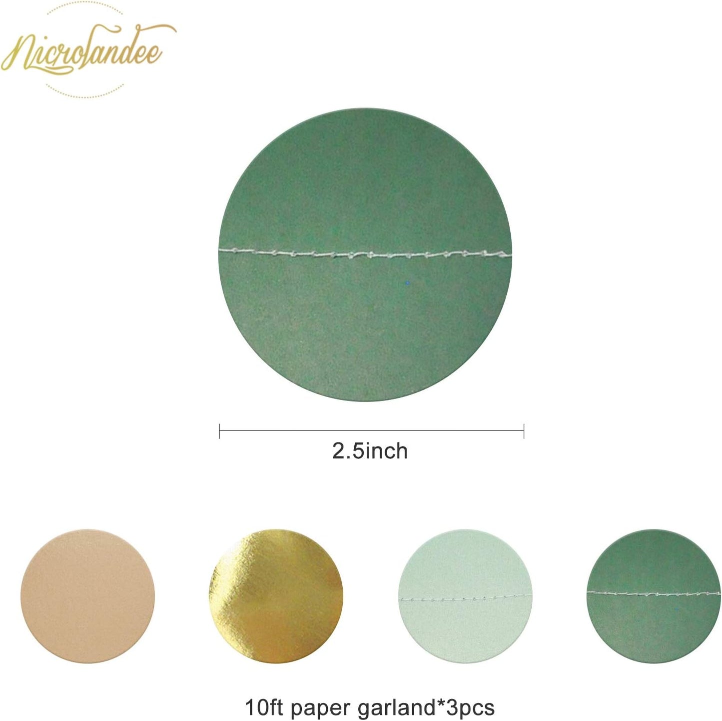 NICROLANDEE Wedding Party Decorations - 3 Pack Sage Green Dots Paper Garland String Hanging Backdrop for St Patricks Day Rustic Wedding, Neutral Baby Shower, Vintage Party, Birthday, Engagement