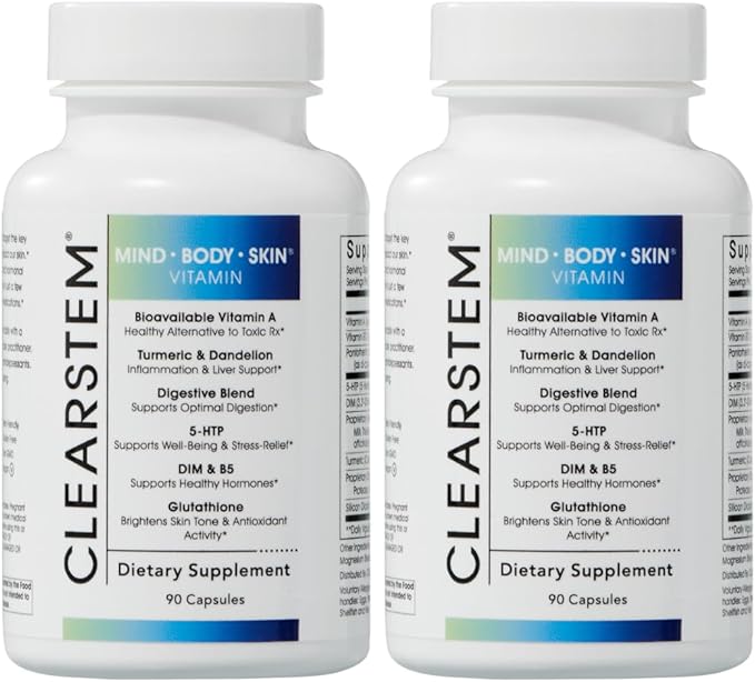 CLEARSTEM - MINDBODYSKIN Hormonal Acne Supplement (5-HTP) - Natural DIM Supplement - Skin Care Vitamins - Hormone Balance, Antioxidants - Gluten Free, Cruelty Free - 60 Servings, 180 Capsules
