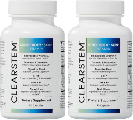 CLEARSTEM - MINDBODYSKIN Hormonal Acne Supplement (5-HTP) - Natural DIM Supplement - Skin Care Vitamins - Hormone Balance, Antioxidants - Gluten Free, Cruelty Free - 60 Servings, 180 Capsules