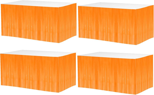 4 Pack 29x108 Inch Metallic Foil Fringe Tinsel Table Skirts for Rectangle Tables Streamer Backdrop for Wedding, Birthday, Parade Floats, Christmas, Halloween Party Decoration(New Orange)