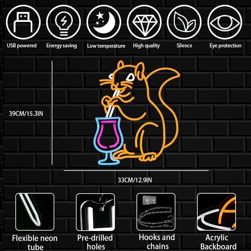 Squirrel Cocktail Neon Sign for Wall Decor, Orange Squirrel Neon Light, USB Powered Animal Cocktail Bar Led Light Up Sign for Bar, Bedroom, Man Cave, Business, Game Room