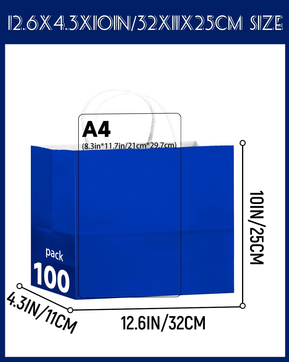 qiqee 100PCS Large Gift Bag with Handles Bulk 13"x4.5"x10" Gift Bags Diamond Blue Multiple Uses (32x11x25cm,Wide Large)