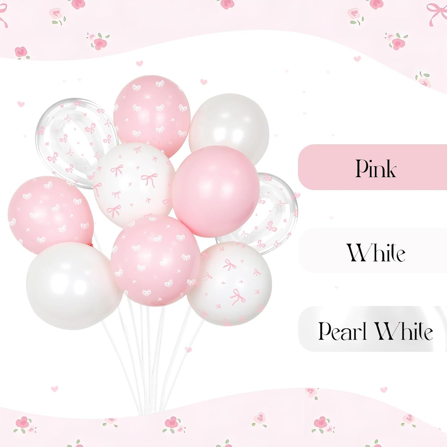 60pcs Pink Bow Balloons 12inch with Pink White Clear Bow Balloons for Pink Coquette Wedding Baby Shower Birthday Party Decorations
