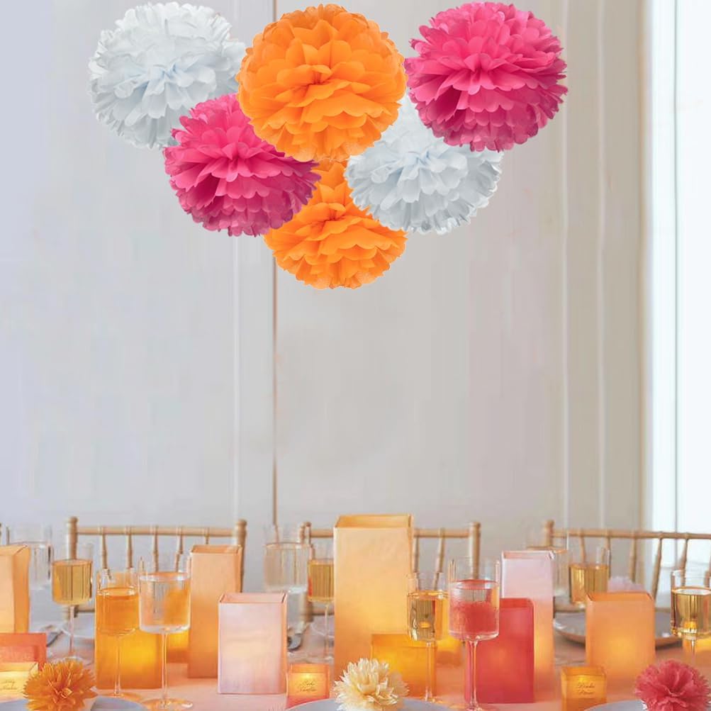 Hot Pink Orange and White Paper Flower Tissue Pom Poms for Fall Autumn Thank's Giving Baby Shower Graduation Birthday Theme Party, 12pc