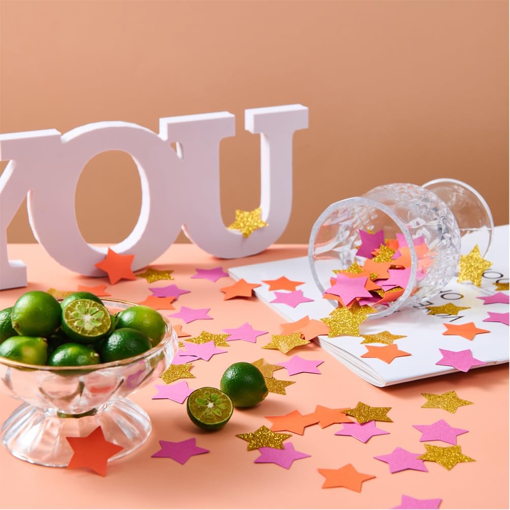 Hot Pink Orange and Gold Star Confetti Table Decoration for Baby Shower Birthday Wedding Graduation Fall Autumn Groovy Theme Party,1.2 inch in Diameter,200 Counts
