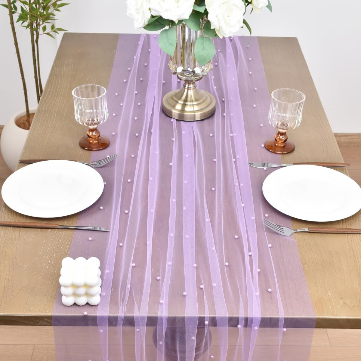 Joanlody Fall Pearl Table Runner 10ft Rustic Boho Tulle Table Runner with Pearls for Baby Shower Wedding Party Veil Dessert Thanksgiving Table Decor Lilac 4pcs