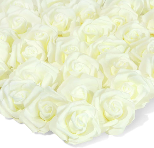 Juvale Centerpiece Table Decorations Ivory Artificial Roses - 100-Pack 3-Inch Foam Heads - Fake Flowers in Vase & Flower Decor - Wedding Table Decor & DIY Crafts