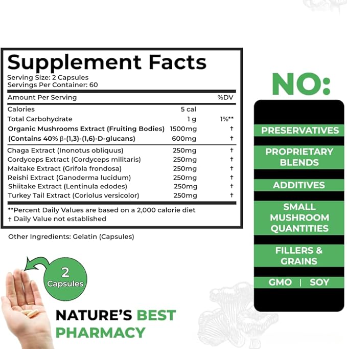 Cancer Sciences Organic Mushroom Supplement Capsules - 1,500mg Non-GMO Wellness Mushroom Complex 40% Beta-Glucans -Turkey Tail, Reishi, Cordyceps, Chaga Extract for Brain & Immune Support 120 Capsules
