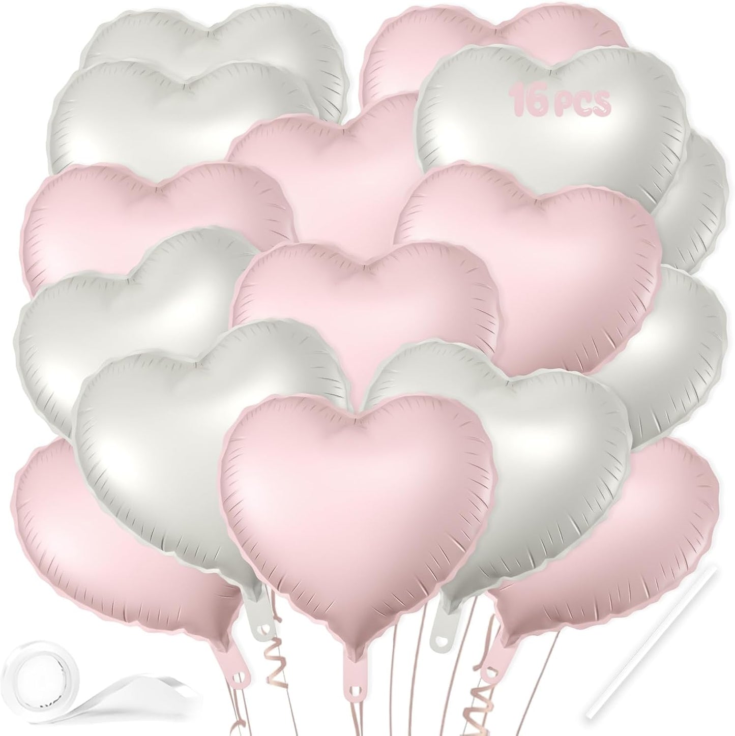 16 Pcs Heart Balloons, 18 Inch Pink White Sand Love Heart Shaped Foil Balloons for Wedding Anniversary Birthday Party Valentine Decorations Baby Shower Bridal Shower Engagement Decorations Supplies