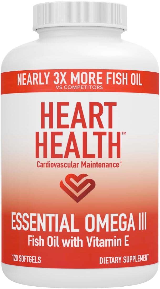 Heart Health Essential Omega 3 Fish Oil with Vitamin E - High Potency Omega 3 Fish Oil Supplement with EPA & DHA - Burpless Softgels from Sardines & Anchovies - Non-GMO, Gluten Free - 60 Servings