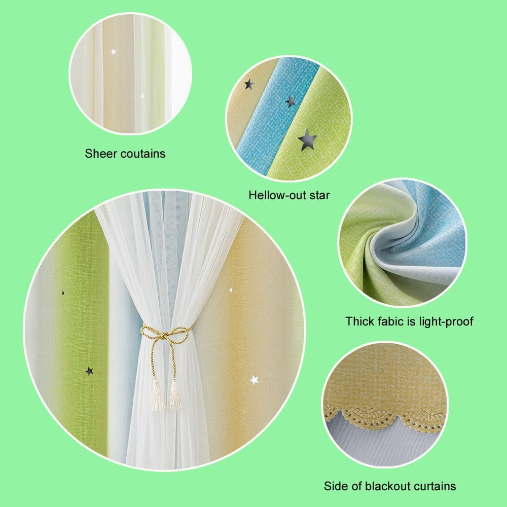 FANLI Ombre Rainbow Blackout Curtains for Kid Girls Bedroom Living Room Darking Stripe Double Layer Star Cut Out Wall Home Decor Gradient Grommet Window Curtains （Blue Green 52Wx63L）