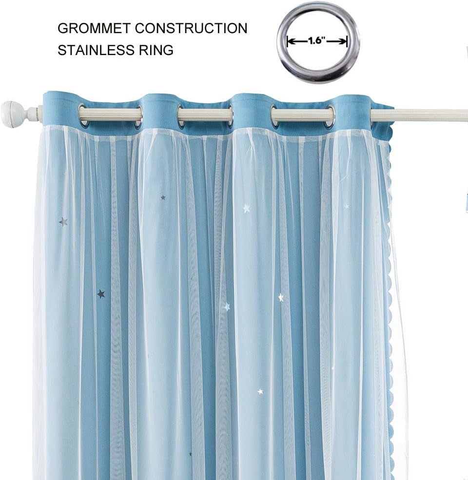 FANLI 2 Panels Star Blackout Curtains for Kid Girls Bedroom Living Room Darking Stripe Double Layer Star Cut Out Wall Home Decor Gradient Grommet Window Curtains (Blue 63L)