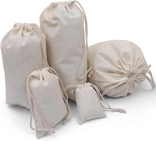 100Pcs 2 x 3 Inches Premium Cotton Muslin Double Drawstring Bags, Reusable Bag Natural Cotton Bags with Drawstring Produce Bags Bulk Gift Bag Jewelry Pouch for Party Wedding Home Storage