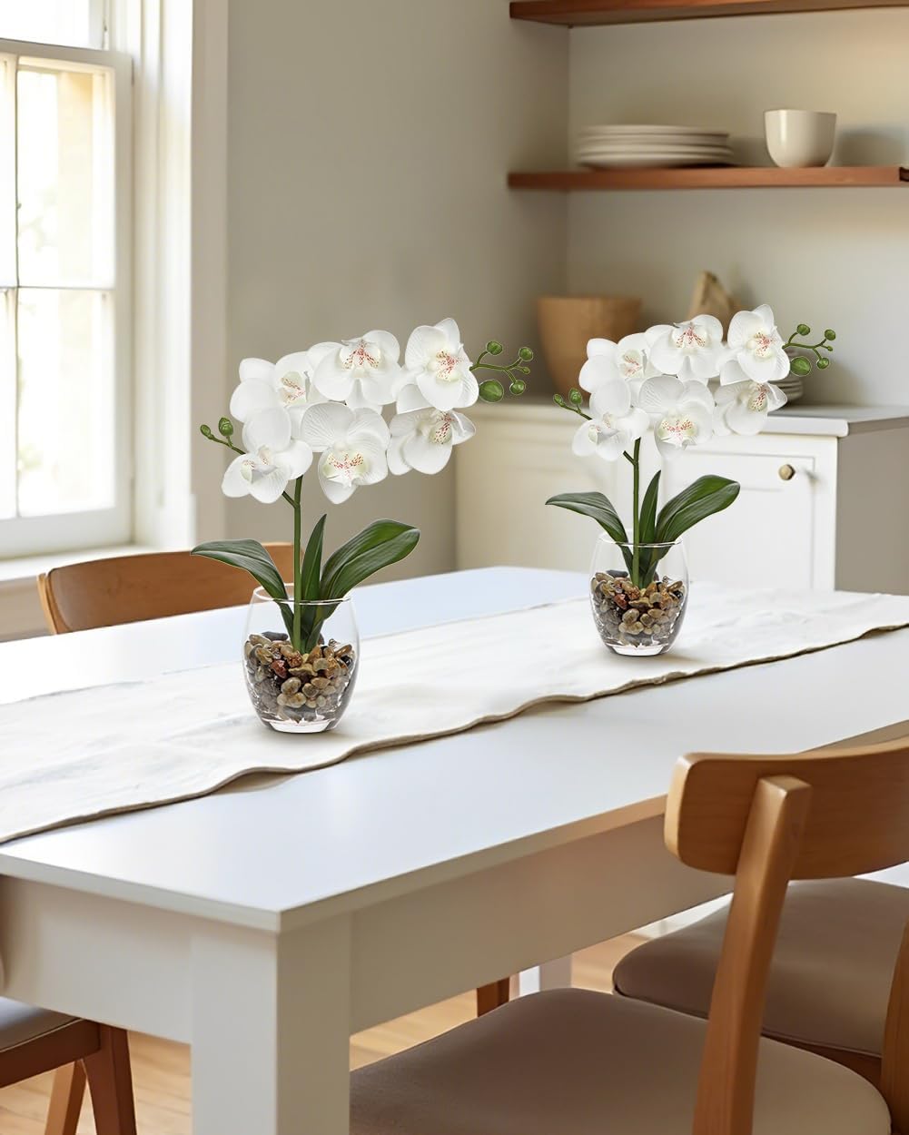White Orchids Artificial Flowers with Vase, Small Faux Orchid Arrangement Set of 2 Fake Flowers in Glass Vases Small White Centerpieces for Kitchen Dining Room Tables Bathroom Nightstand Shelf Decor
