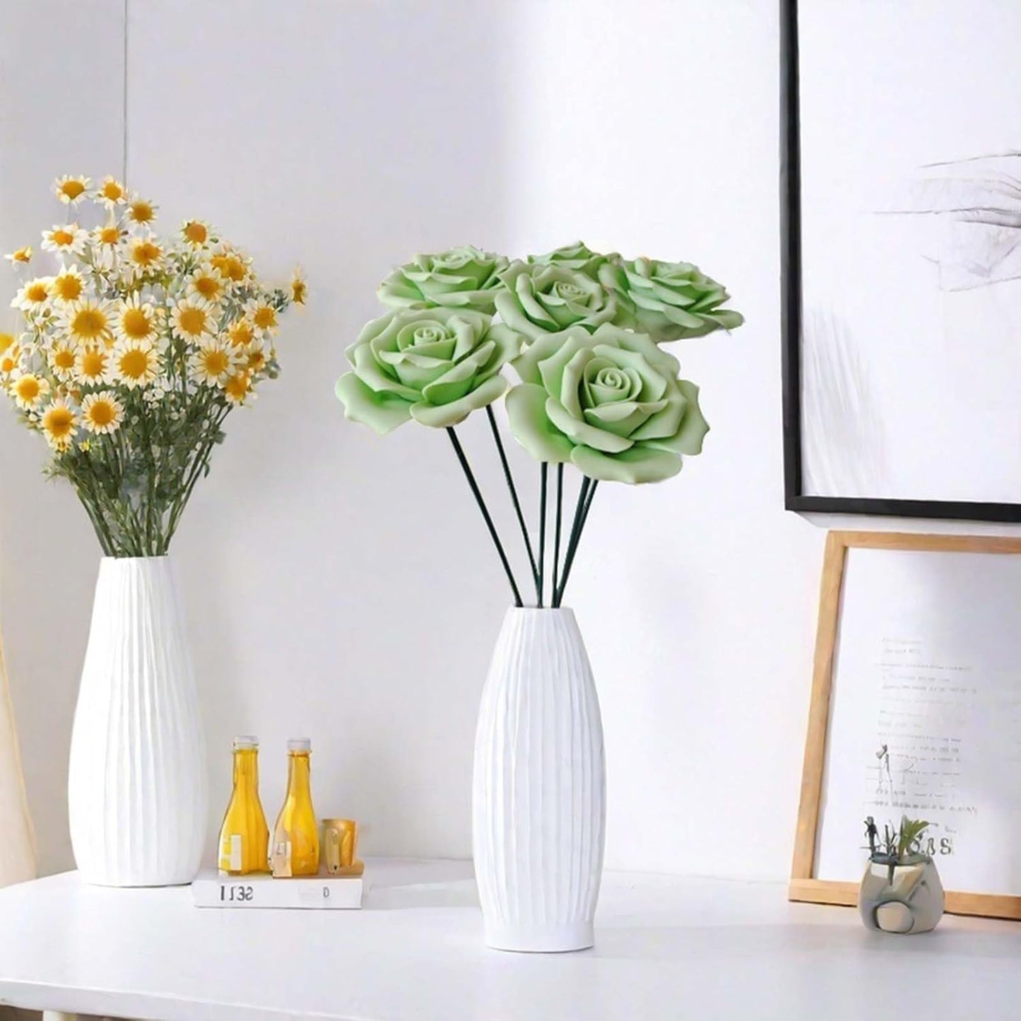 6 pcs Handmade Ceramic Roses,Featuring Vibrant Colors and Intricate Petal Details Floral Decorations Wedding Decoration Christmas Decor Gift Providing Long-Lasting Beauty (Green)