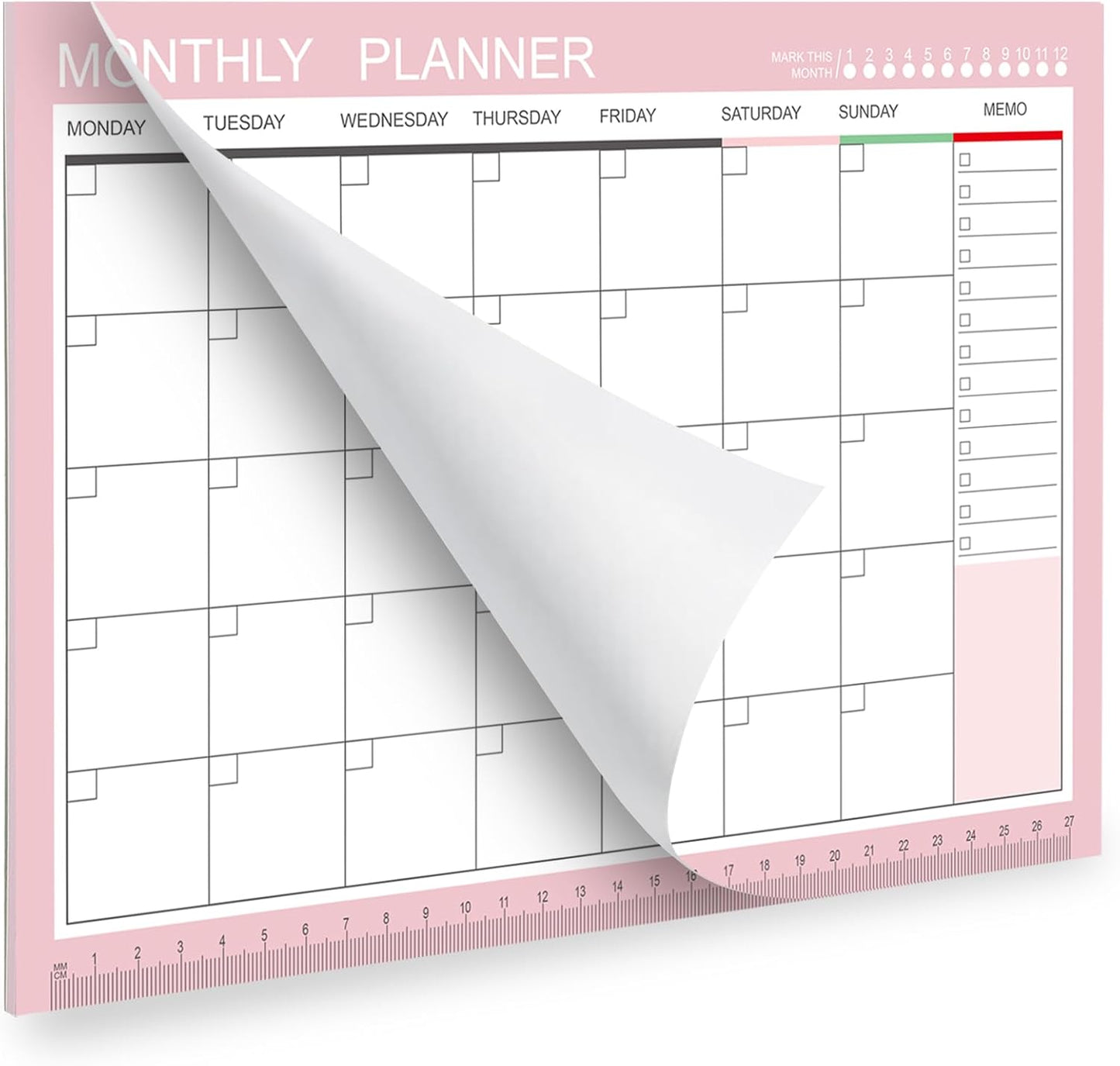 Phyxin Undated Planner, 54 Sheets Blank Calendar, 11.2" x 8.3" Monthly Calendar Planner, Tear Off Undated Monthly Planner with Memo for Women, Students, Teachers, Pink