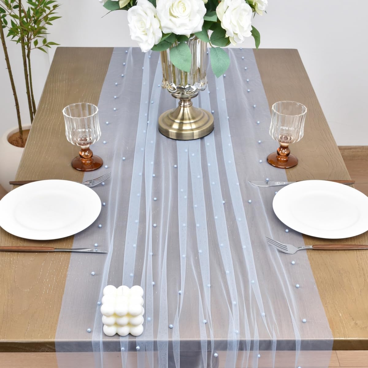 Joanlody Fall Pearl Table Runner 10ft Rustic Boho Tulle Table Runner with Pearls for Baby Shower Wedding Party Veil Dessert Thanksgiving Table Decor Blue