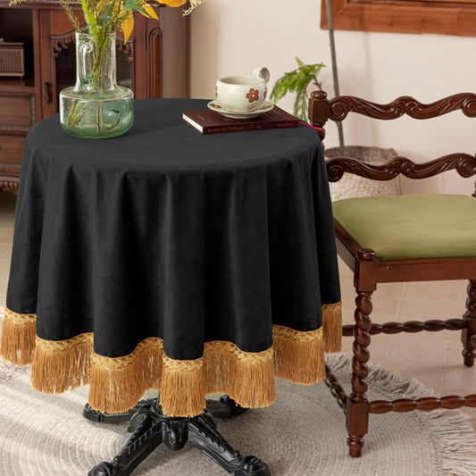 F-CHU Luxury Black Tablecloth Thickset Velvet Tablecloth with Beautiful Gold Tassels Vintage Table Cloth for Home Decor Wedding, Party, Banquet and Events 48" Round