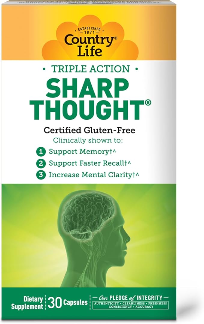 Country Life Sharp Thought - Memory & Cognitive Support Supplement – Sharp-PS Gold Phosphatidylserine + DHA – Promotes Mental Clarity & Faster Recall – Gluten-Free, 30 Capsules