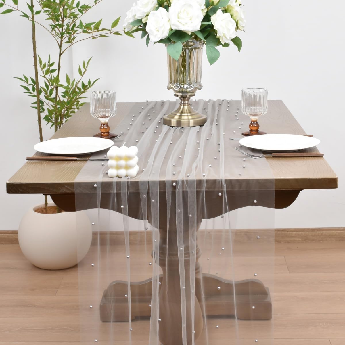 Joanlody Fall Pearl Table Runner 10ft Rustic Boho Tulle Table Runner with Pearls for Baby Shower Wedding Party Veil Dessert Thanksgiving Table Decor Gray 4pcs