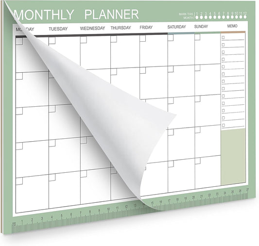 Phyxin Undated Planner, 54 Sheets Blank Calendar, 11.2" x 8.3" Monthly Calendar Planner, Tear Off Undated Monthly Planner with Memo for Women, Students, Teachers, Morandi Green