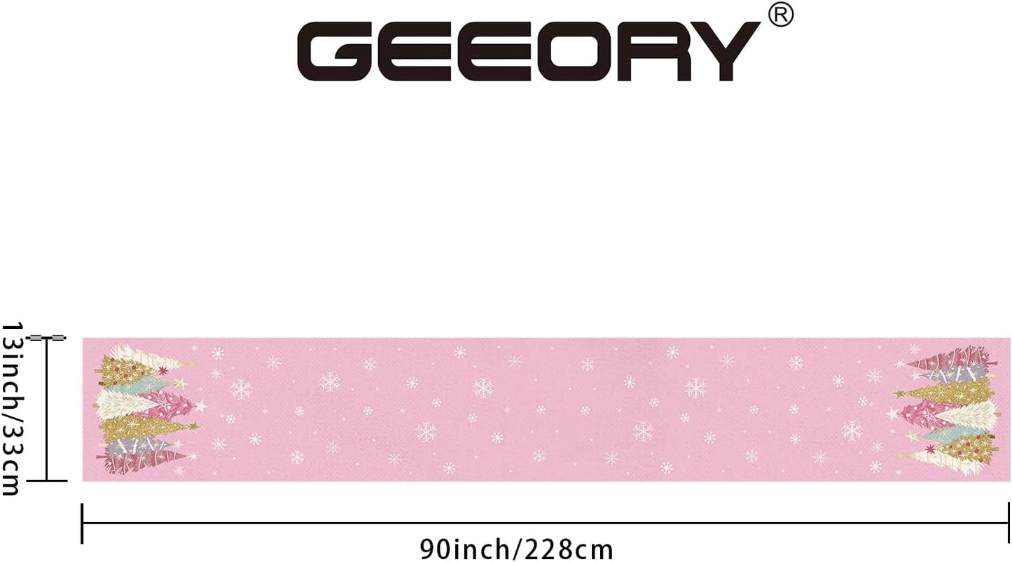 GEEORY Christmas Table Runner 13x90 Inch, Xmas Trees Snowflakes Holiday Decorative Farmhouse Table Decoration for Kitchen Dinning, Indoor Outdoor Dinner Party Decor (Pink) GT153-90