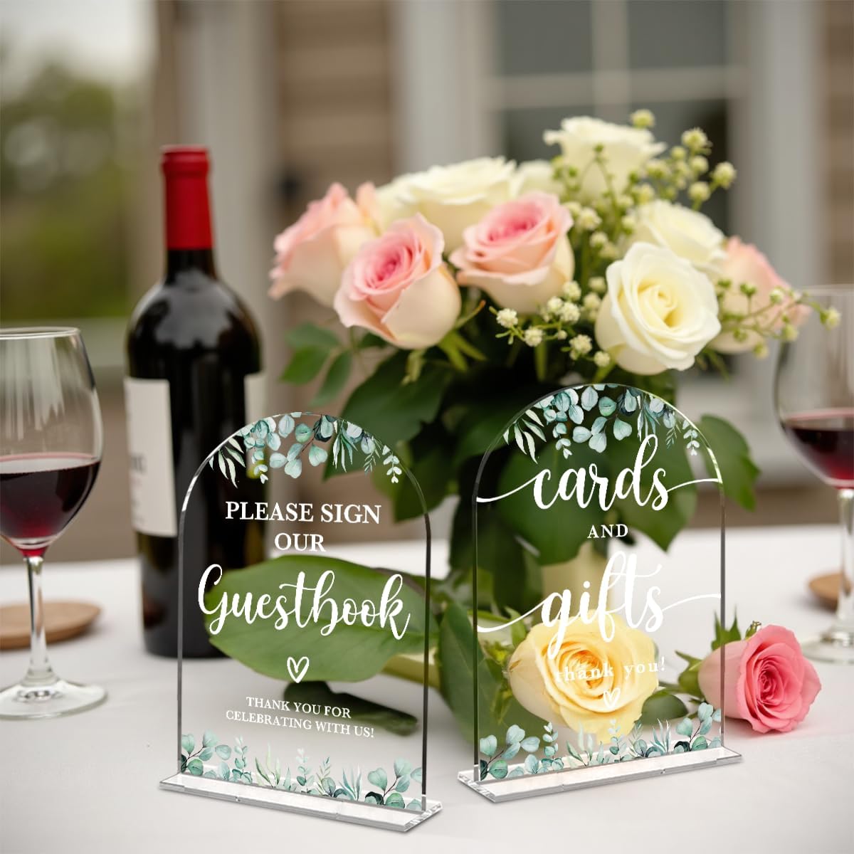2 Pcs Acrylic Wedding Signs for Reception, Bridal Shower Decorations, Cards and Gifts Signs, Guest Book Sign, Arch Acrylic Table Top Sign with Holder for Wedding Reception (Clear Eucalyptus Leaves)