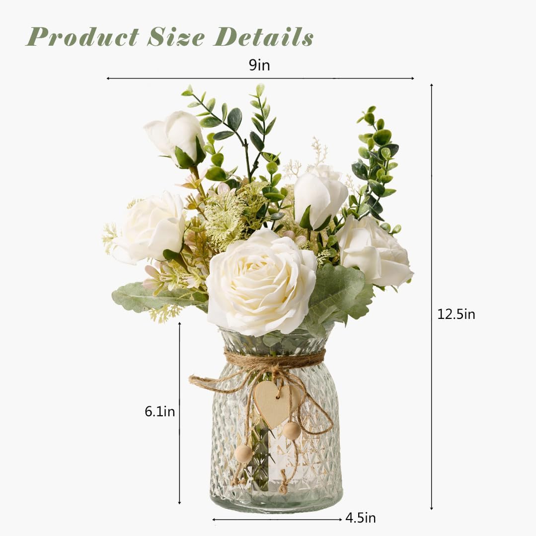 YJ Fake Flowers with Vase, Silk Roses Artificial Flowers in Vase, Faux Flower Plant Arrangement Suitable for Home Office Decoration, Dining Table Centerpiece(White)