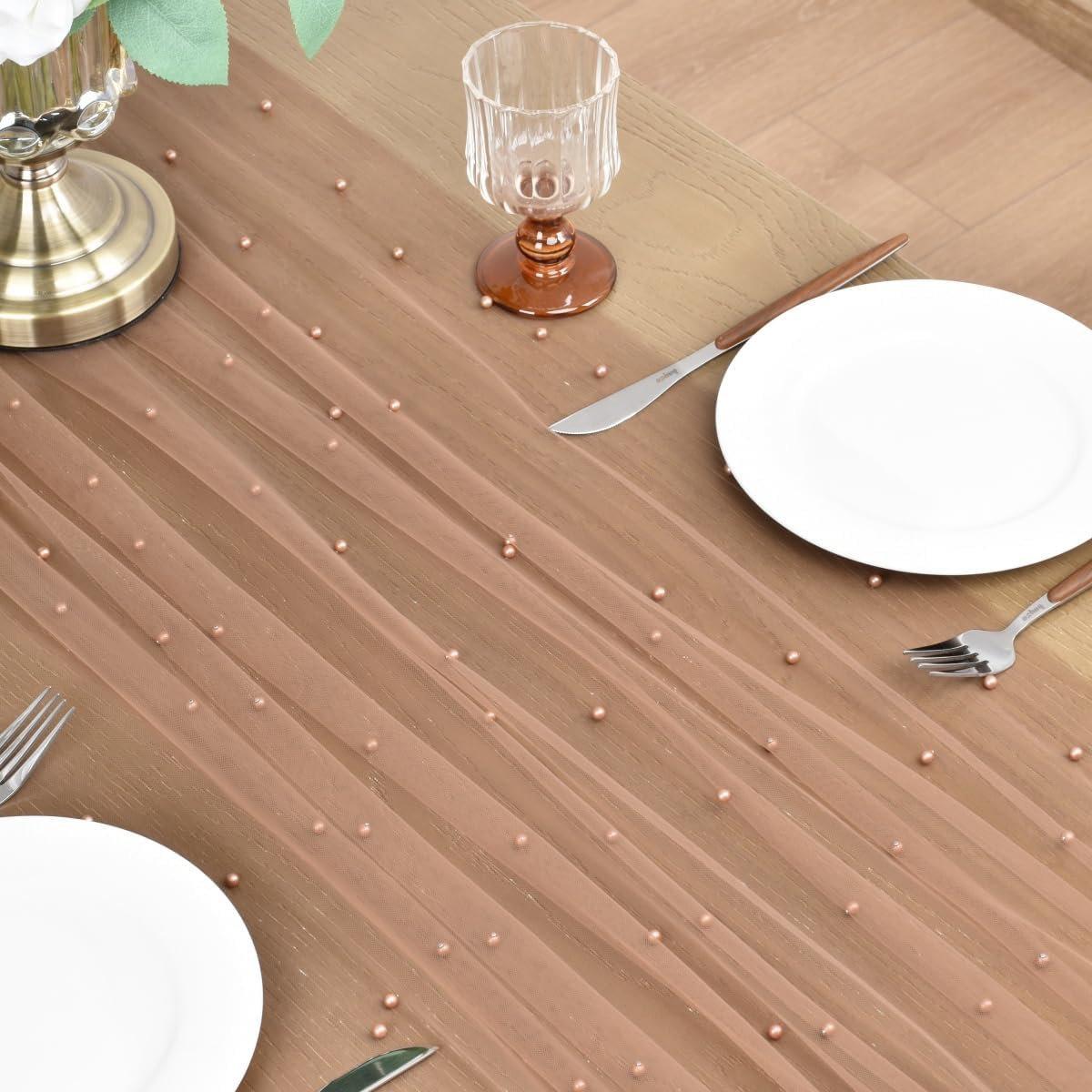 Joanlody Fall Pearl Table Runner 10ft Rustic Boho Tulle Table Runner with Pearls for Baby Shower Wedding Party Veil Dessert Thanksgiving Table Decor Coffee