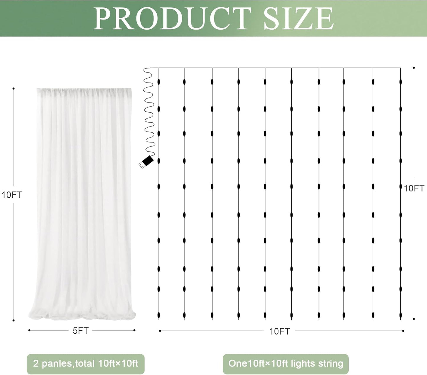 Tulle Backdrop Curtain with Lights String 10FT X 10FT Ivory Sheer Tulle Backdrop Curtains for Wedding Birthday Party Reception Photo Booth Background Decorations (2 Panels 5x10FT)