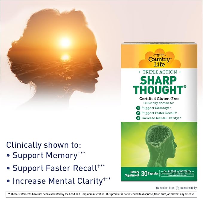 Country Life Sharp Thought - Memory & Cognitive Support Supplement – Sharp-PS Gold Phosphatidylserine + DHA – Promotes Mental Clarity & Faster Recall – Gluten-Free, 30 Capsules