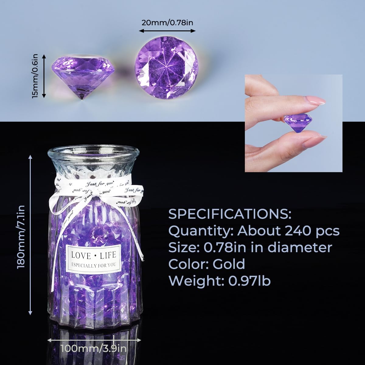 Acrylic Diamond Fake Gems Vase Filler, Babenest 240pcs 3/4 Inch Faux Diamonds Crystals Jewels for Table Scatters Wedding Party Event Arts & Crafts Birthday Decoration Favor(240, Purple)