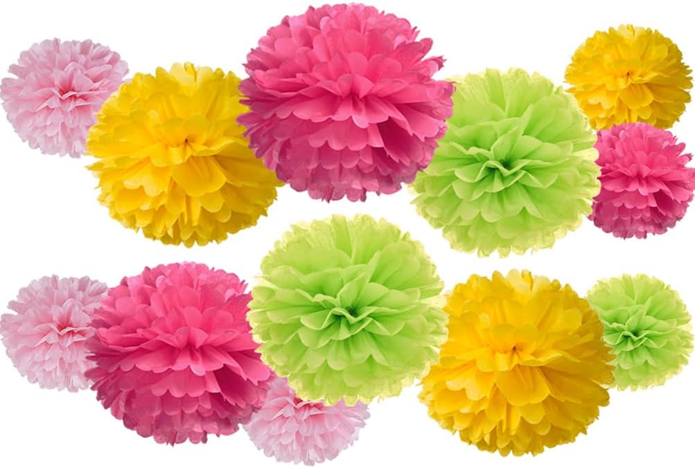 Hot Pink Yellow and Green Tissue Paper Pom Poms Flower for Baby Shower Spring Summer Jungle Birthday Wedding Groovy Theme Party Decoration, 12pc