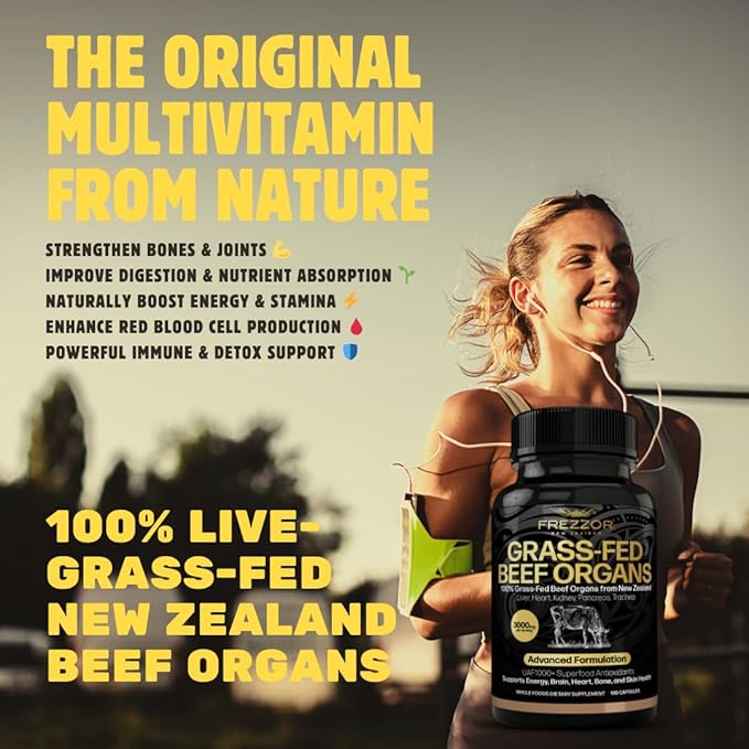 FREZZOR New Zealand 100% Live-Grass-Fed Beef Organs Complex, Supports Whole Body Wellness and Energy with Proprietary Blend of Liver, Heart, Kidney, Pancreas & Trachea, Non-GMO, 3000mg, 180 Capsules