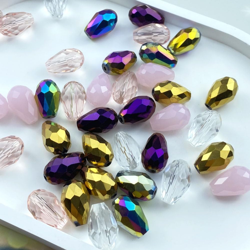 110pcs 6x8mm Teardrop Crystal Glass Beads Vertical Hole Faceted Loose Spacer Beads for DIY Craft Jewelry Making Necklace Bracelet Earring Wind Chimes(Pink Series)
