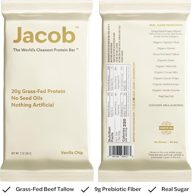 Jacob Bar, Protein Bars, Vanilla (9 Bars Total) - 20g Grass-Fed Protein, No Seed Oils, Nothing Artificial