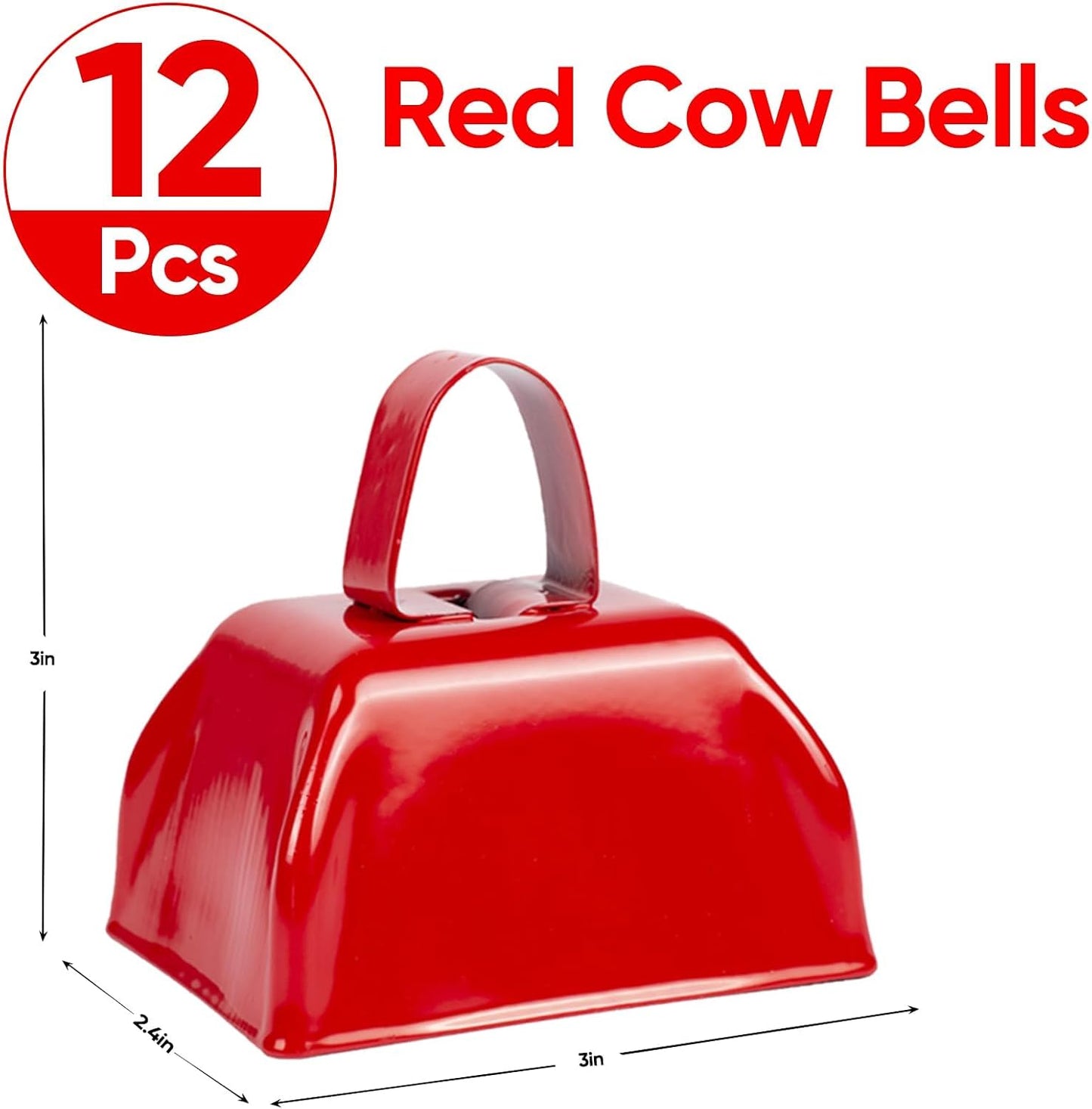 Cow Bells Noise Makers Red Cheering Bell for Sporting Events: 12 Pcs Metal Cowbells with Handle - Small Loud Bell Bulk Hand Percussion for Football Games Graduation Weddings-Red