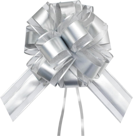 7 Pieces Large Pull Bows, 6 inche, Big Bow for Gift Wrapping, Christmas Party Birthday Gift, Wedding Baskets,Valentine's Day Gift Decorations, Flower Decoration (Silver)